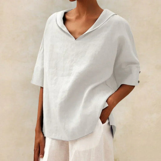Momount damebluse i hør – oversize med V-hals og lapelkrave til sommer