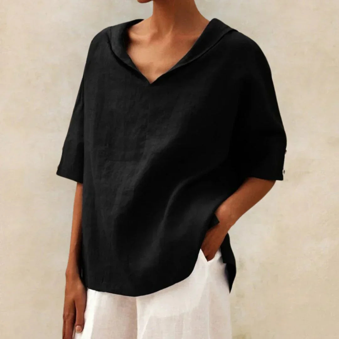 Momount damebluse i hør – oversize med V-hals og lapelkrave til sommer