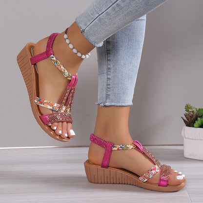 Momount kile-sandaler dame – boho med rhinsten, flettet T-strop til sommer