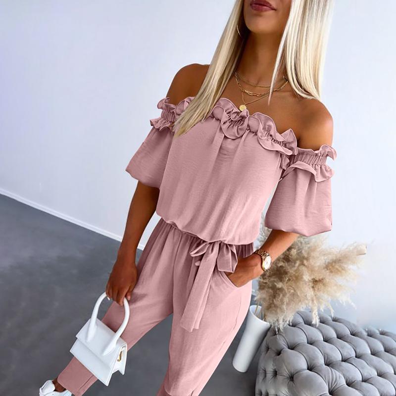 Damebuksedragt – off-shoulder med snørebånd i taljen og flæser