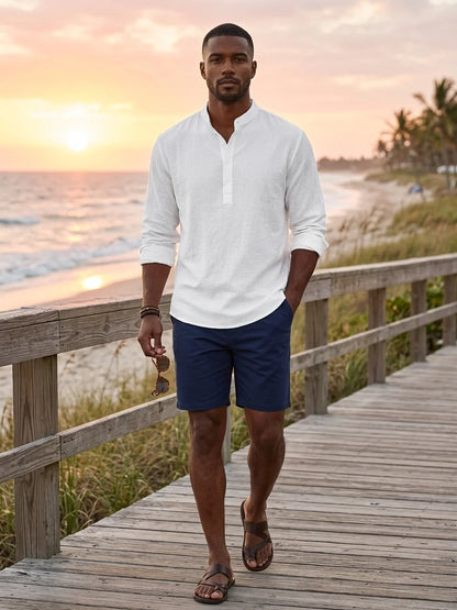 Momount Men Waffle Linen Shirt – Long Sleeve Band Collar Chest Pocket - White - lifestyle_beach