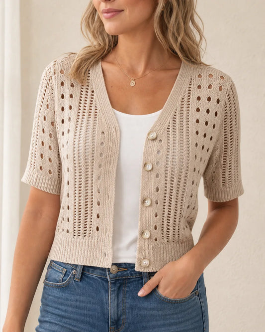 Idalia lightweight open-knit cardigan for women, beige hero view