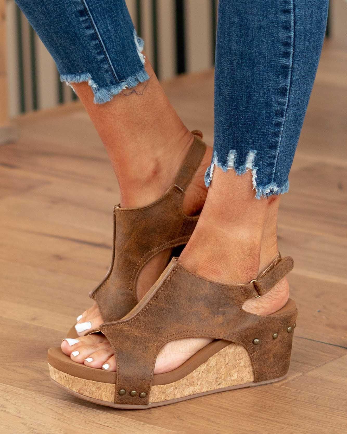 Momount kile-sandaler dame – distressed læder med korkplatform og slingback