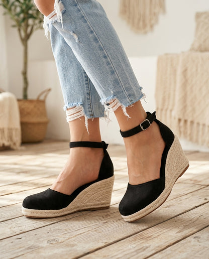 Momount Women Espadrille Wedge Sandals – Closed Toe Suede Upper Ankle Strap Braided Jute Platform