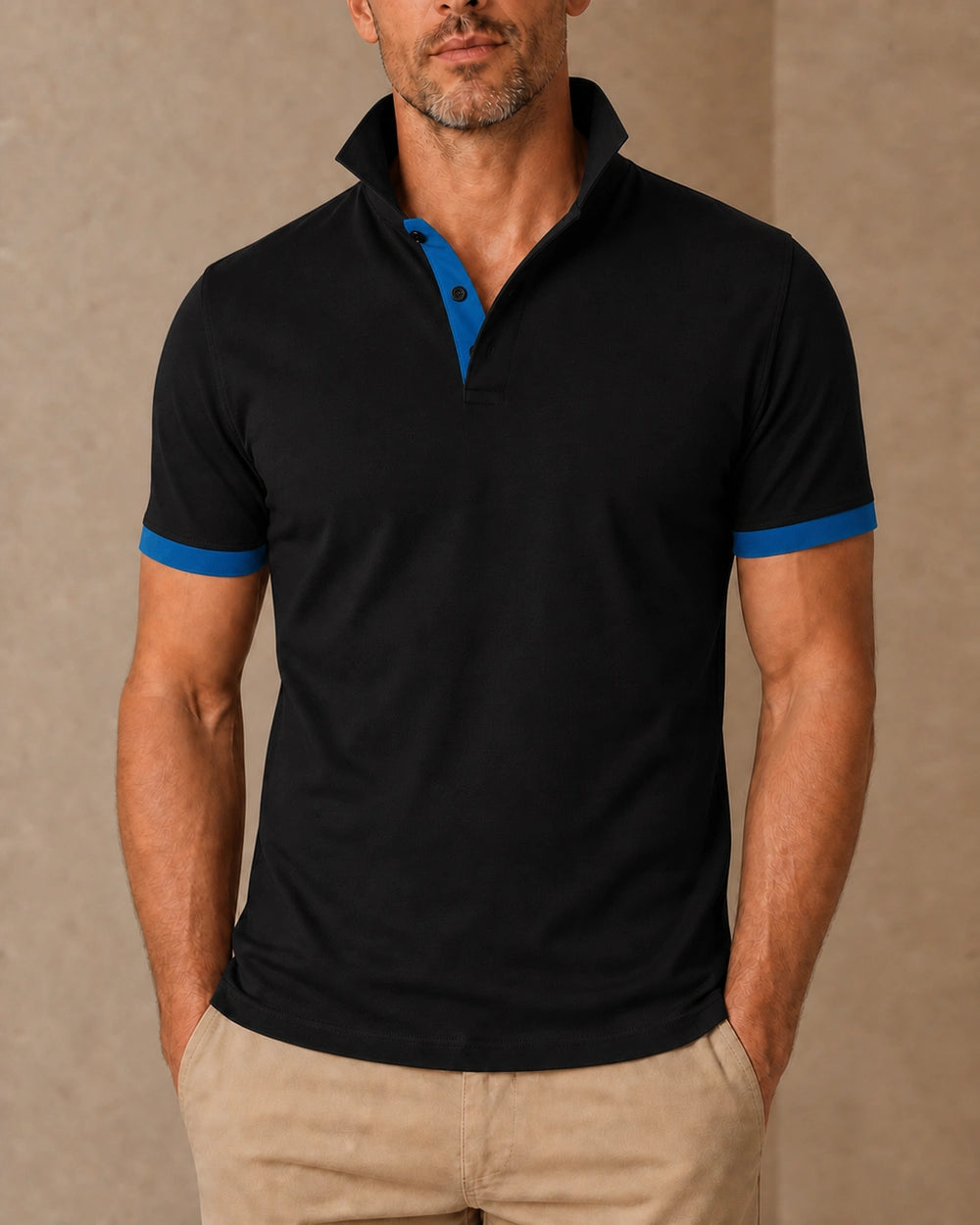 Men's black polo shirt with blue stand collar and contrast placket, front view. — mens-stand-collar-contrast-polo-black-blue-06.webp