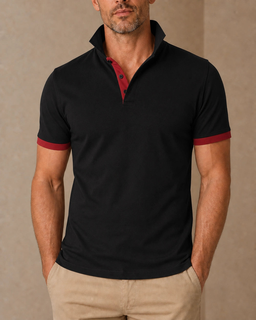 Men's black polo shirt with red stand collar and contrast placket, front view. — mens-stand-collar-contrast-polo-black-red-11.webp