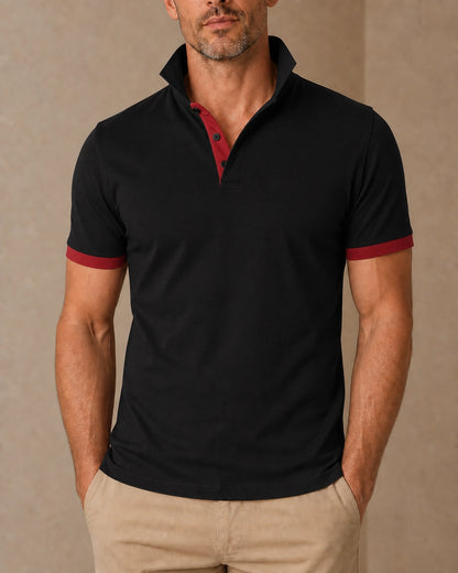 Men's black polo shirt with red stand collar and contrast placket, front view. — mens-stand-collar-contrast-polo-black-red-11.webp