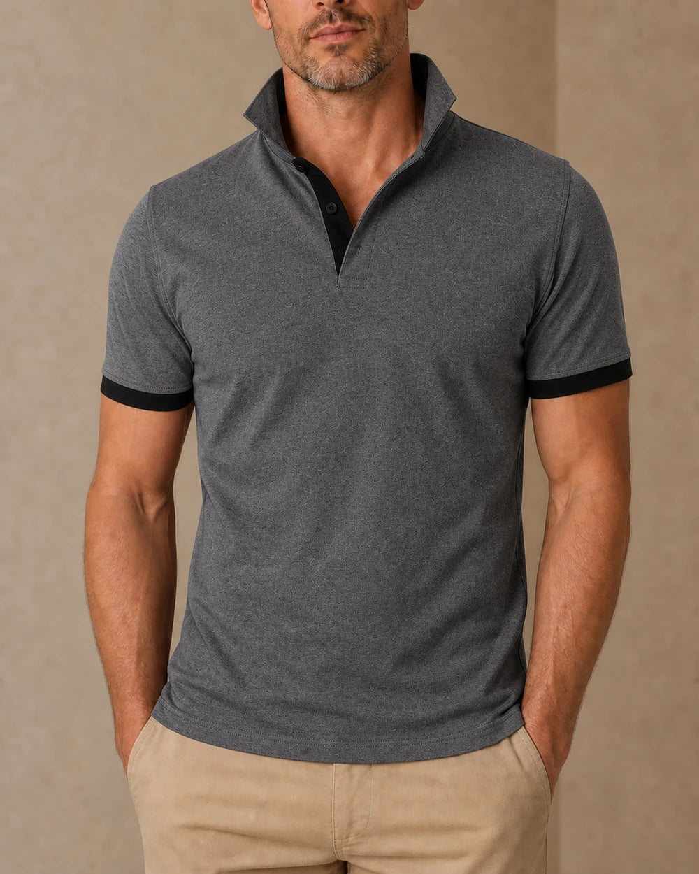 Men's gray polo shirt with black stand collar and contrast placket, front view. — mens-stand-collar-contrast-polo-gray-black-09.webp