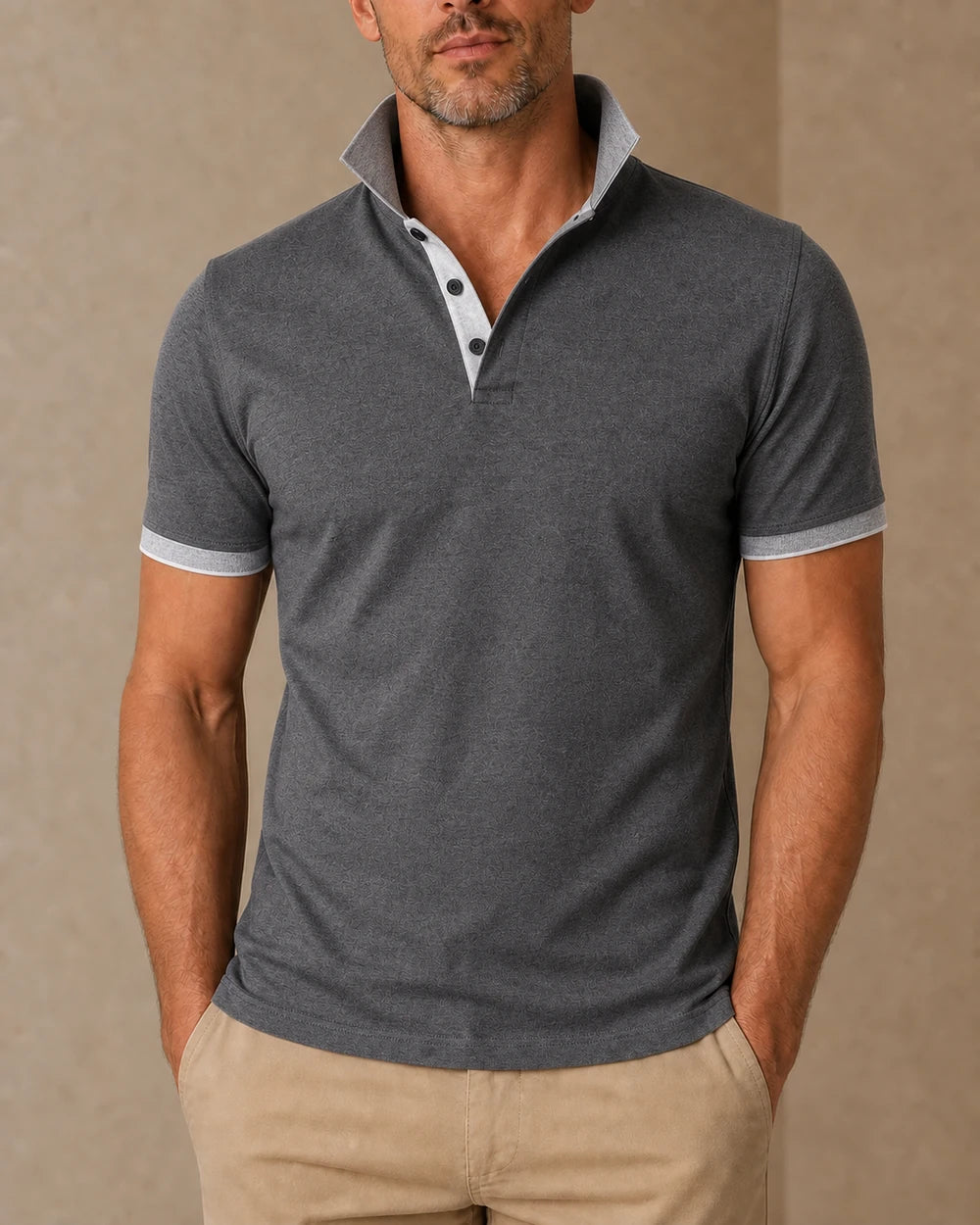 Men's gray polo shirt with white stand collar and contrast placket, front view. — mens-stand-collar-contrast-polo-gray-white-10.webp