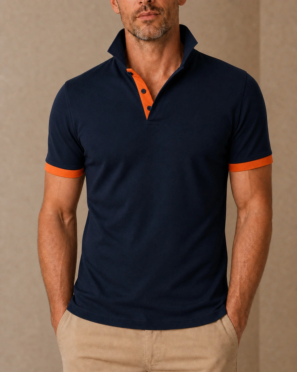 Men's navy polo shirt with orange stand collar and contrast placket, front view. — mens-stand-collar-contrast-polo-navy-orange-05.webp