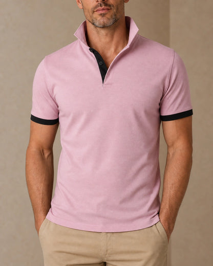 Men's pink stand collar polo shirt with contrast placket, front view. — mens-stand-collar-contrast-polo-pink-08.webp