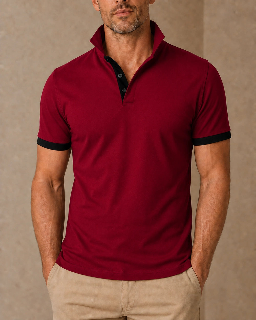 Men's red polo shirt with black stand collar and contrast placket, front view. — mens-stand-collar-contrast-polo-red-black-04.webp