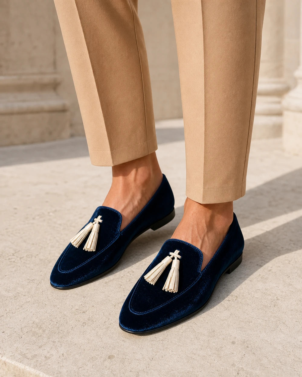 Marineblå loafers med fløjlsstruktur og kvaster — Produktbillede 2