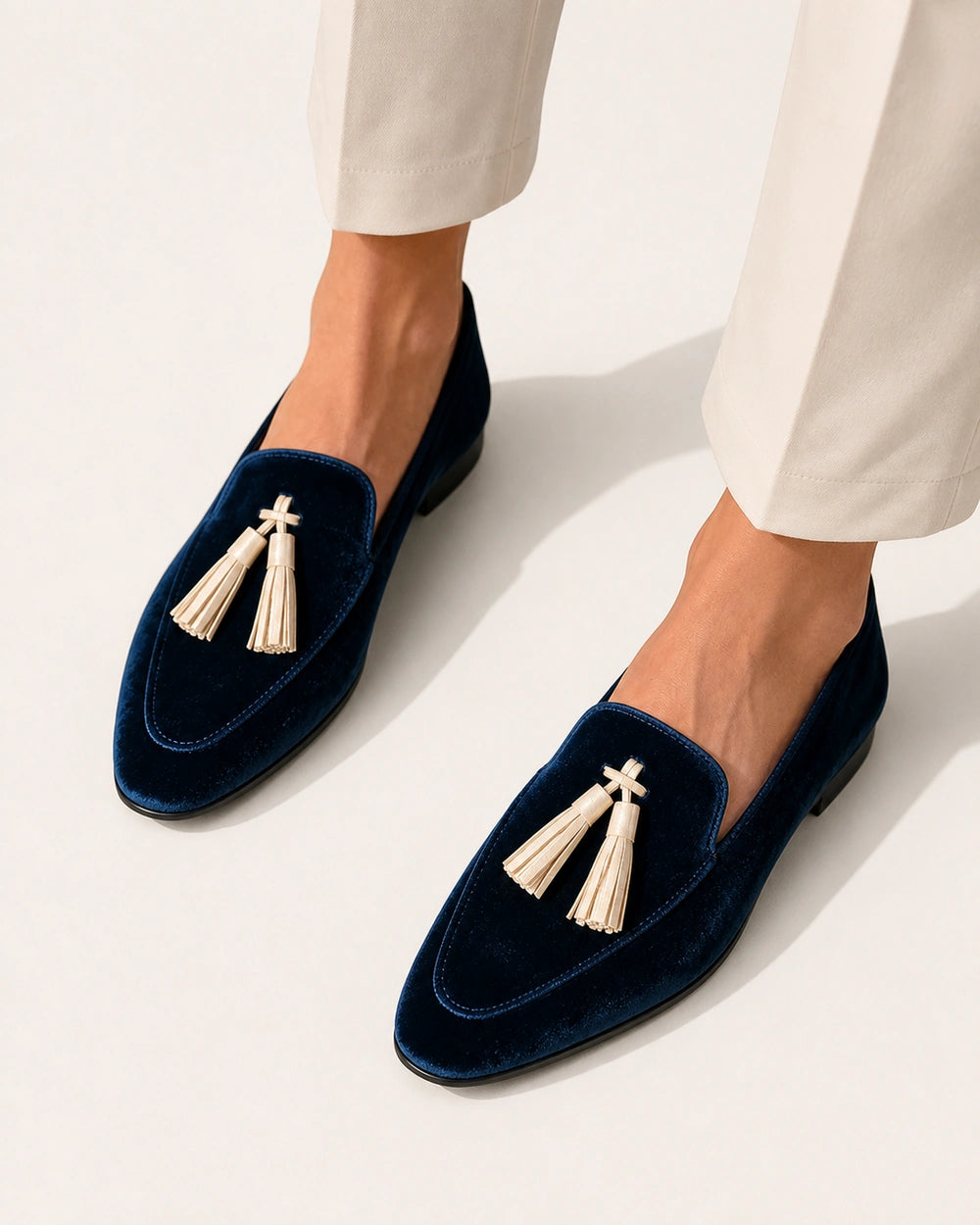 Marineblå loafers med fløjlsstruktur og kvaster — Produktbillede 5
