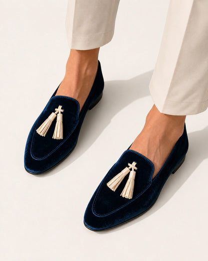Marineblå loafers med fløjlsstruktur og kvaster — Produktbillede 5