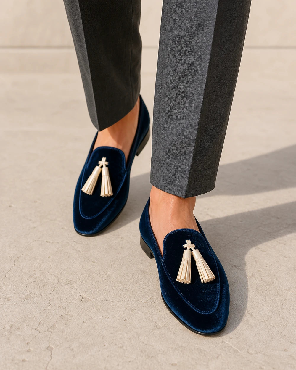 Marineblå loafers med fløjlsstruktur og kvaster — Produktbillede 7
