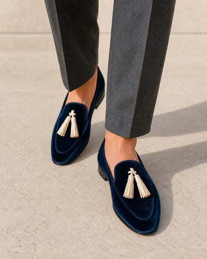 Marineblå loafers med fløjlsstruktur og kvaster — Produktbillede 7