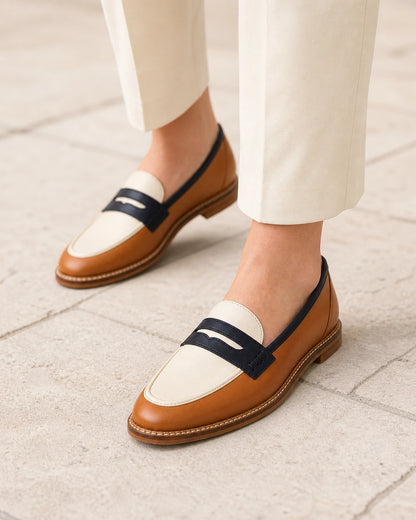Brune og cremefarvede loafers med rund tå — Produktbillede 7