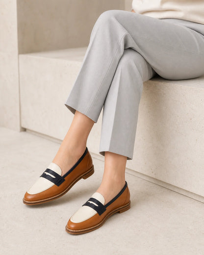 Brune og cremefarvede loafers med rund tå — Produktbillede 8