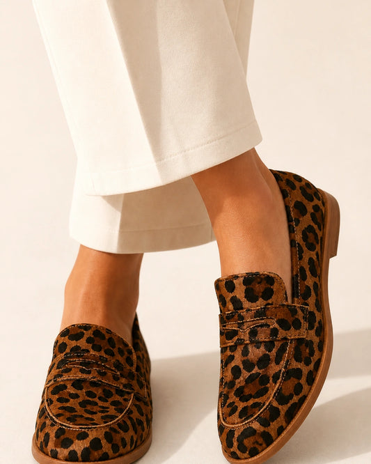 Women's brown leopard penny loafers, 01 gallery view. — momount-elaine-leopard-penny-loafers-01.webp