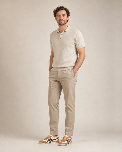 Full styled silhouette with men's brown-yellow retro panel sneakers.