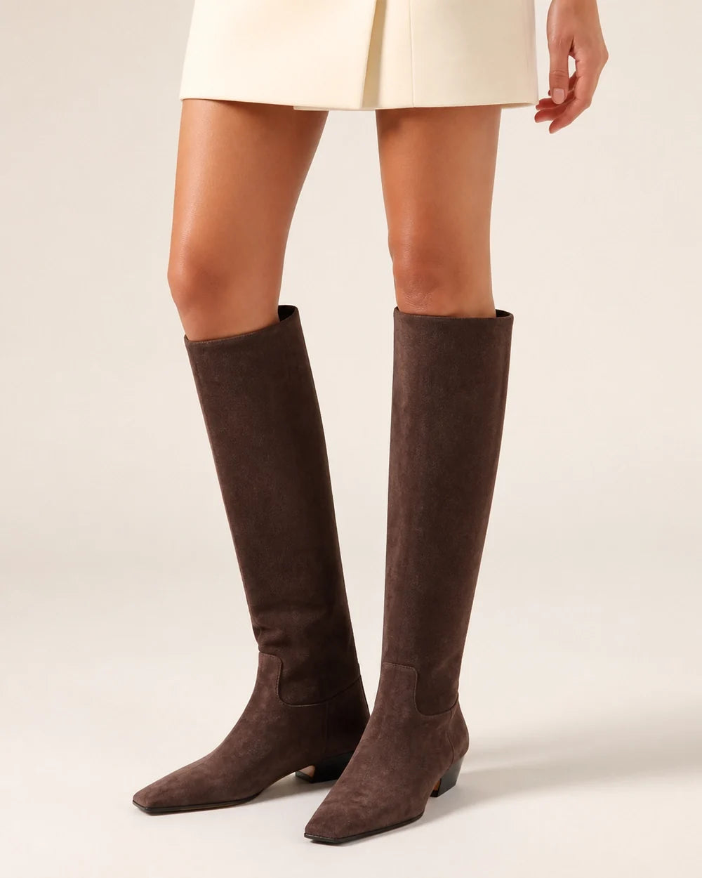 Chocolate square-toe knee-high boots, hero view