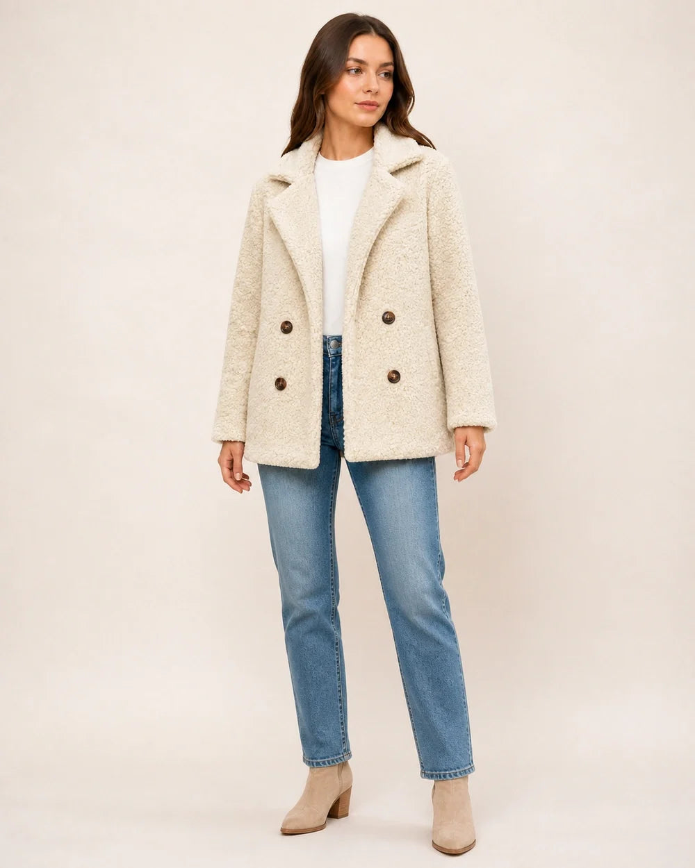 Cream White double-breasted teddy coat, full silhouette.
