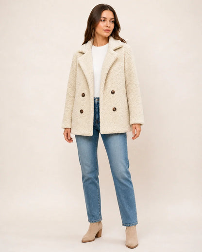 Cream White double-breasted teddy coat, full silhouette.