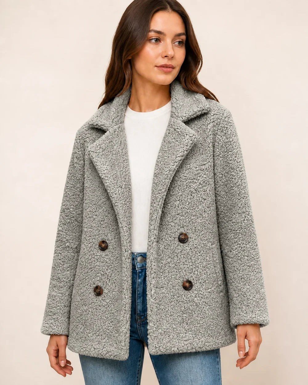 Light Grey double-breasted teddy coat worn, color view.