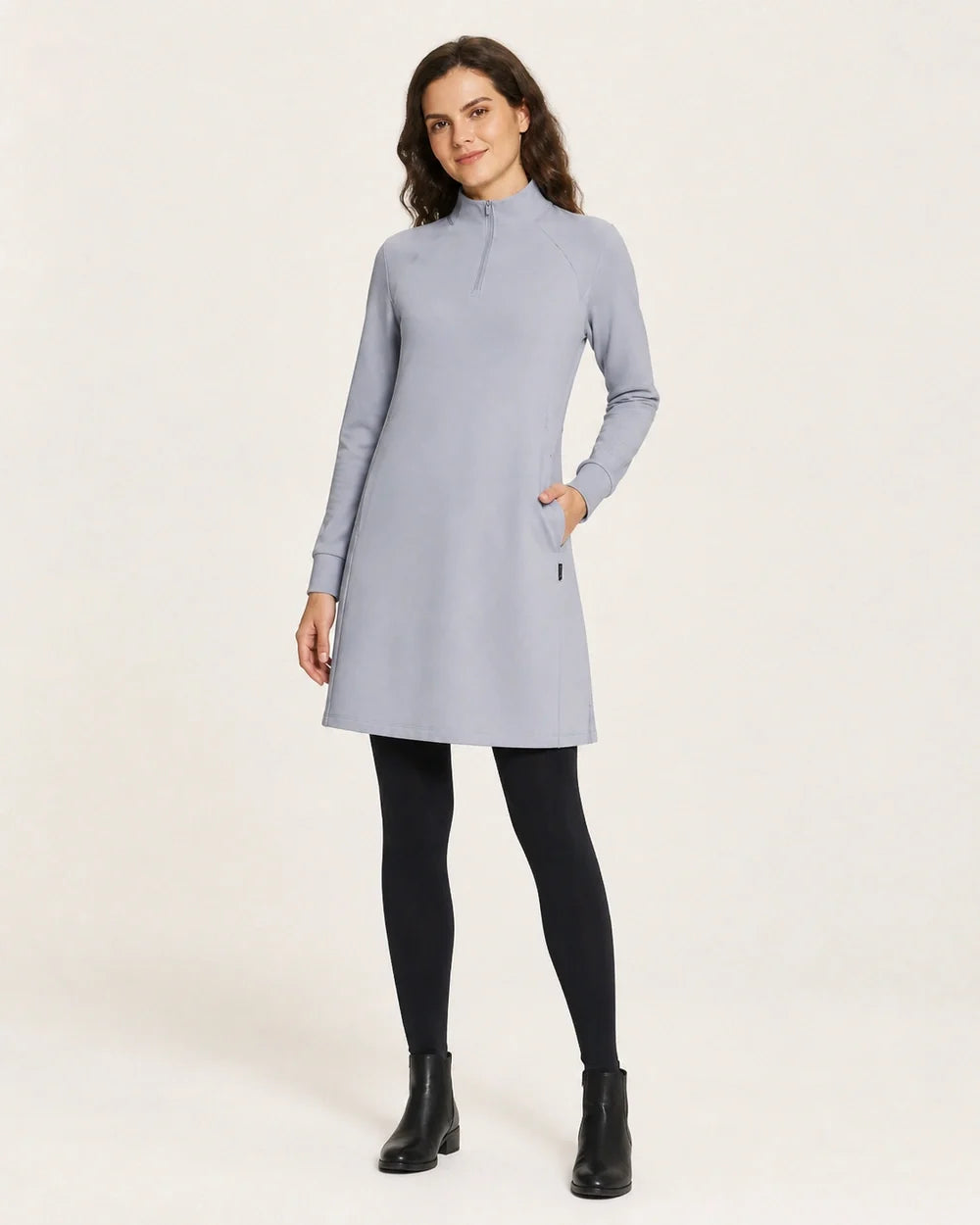 Grey high-neck half-zip knit dress worn view