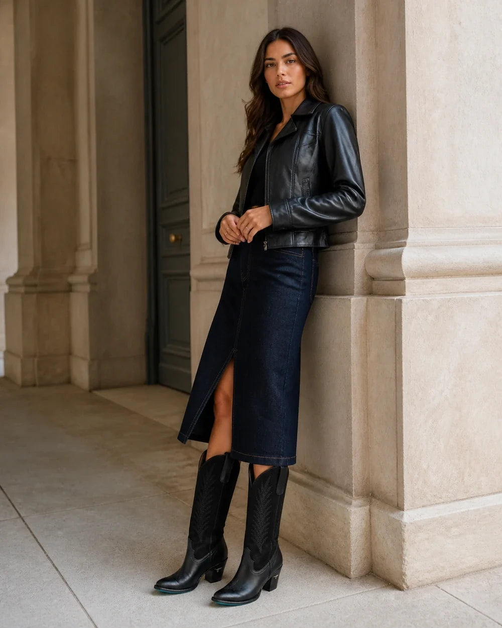 Jet-black leather and suede Western knee-high boots, styling view