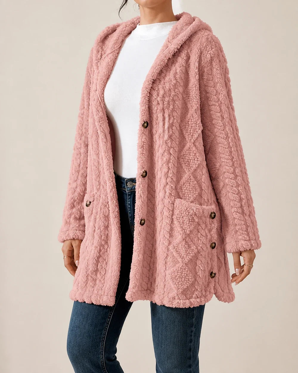 Women's long hooded cable-texture cardigan, pink hero