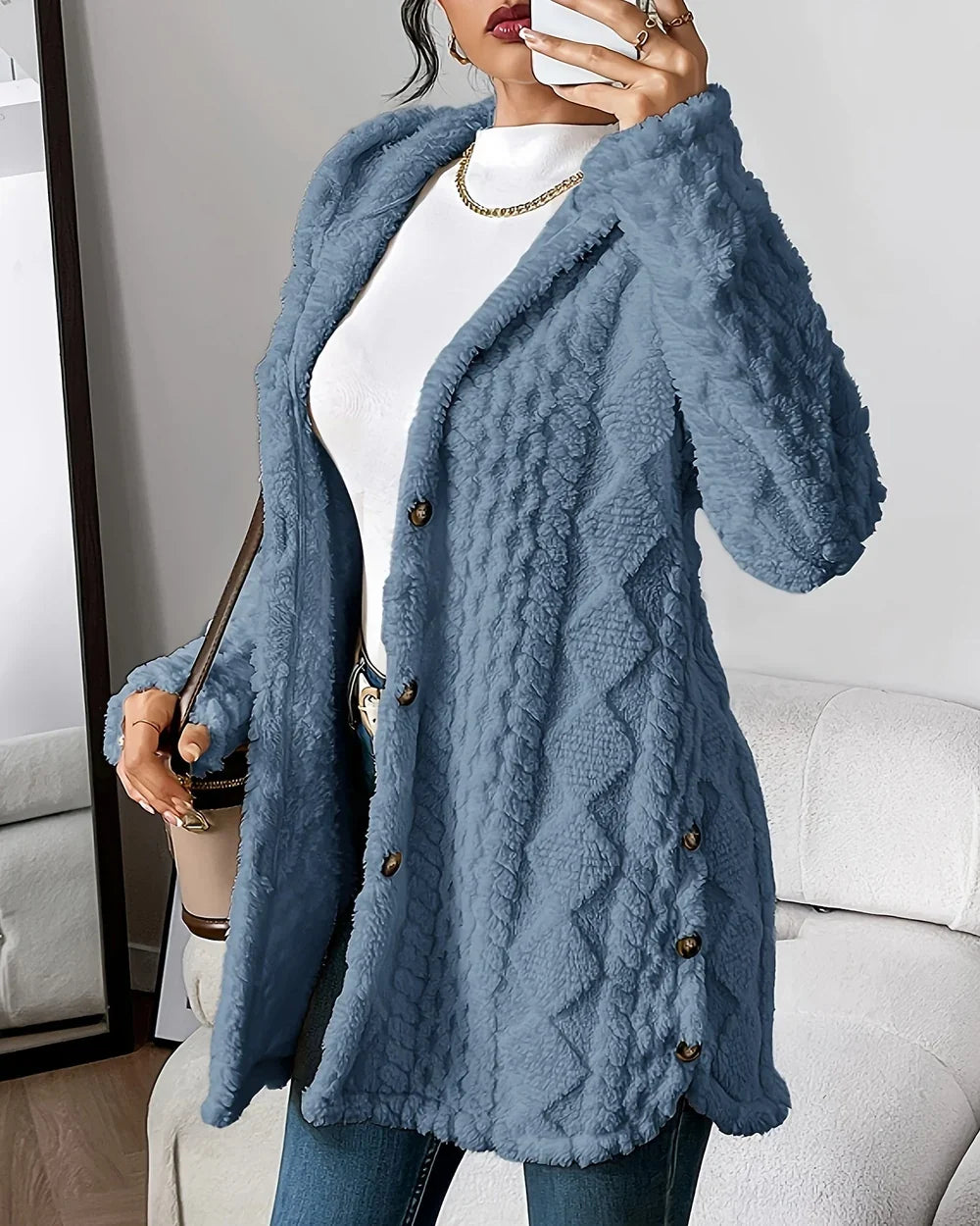 Women's long hooded cable-texture cardigan, denim blue hero