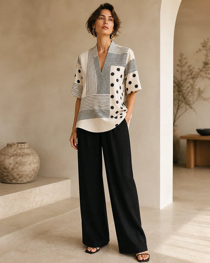 Black and white V-neck top styled look