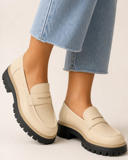 Momount Women Platform Loafers – Lug Sole Penny Strap Slip-On Round Toe — momount-women-platform-loafers-lug-sole-penny-strap-beige-01-worn-hero.webp