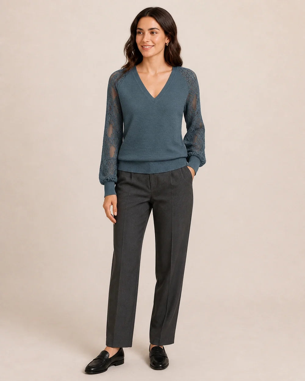 Women's Storm Blue ribbed V-neck sweater with floral lace sleeves, full styled silhouette.