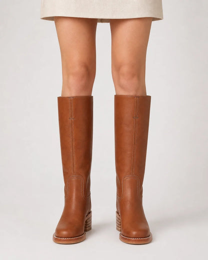 Brown round-toe knee-high boots, front view