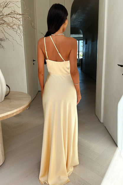 Aurelia | Maxikjole Elegant Satin Enskuldret Drapéret Høj Slids Sommer