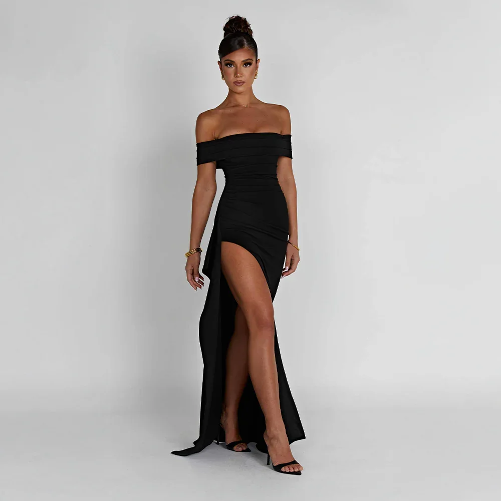Daniela | Maxikjole Elegant Off Shoulder Drapéret Høj Slids Aften