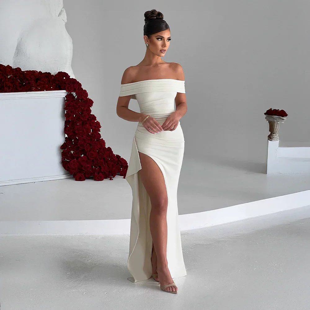 Daniela | Maxikjole Elegant Off Shoulder Drapéret Høj Slids Aften