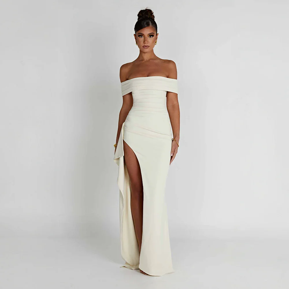 Daniela | Maxikjole Elegant Off Shoulder Drapéret Høj Slids Aften