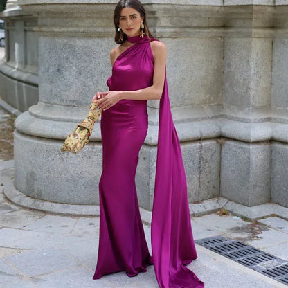 Ottavia | Maxikjole Drapéret Satin Enskuldret Caped Aften