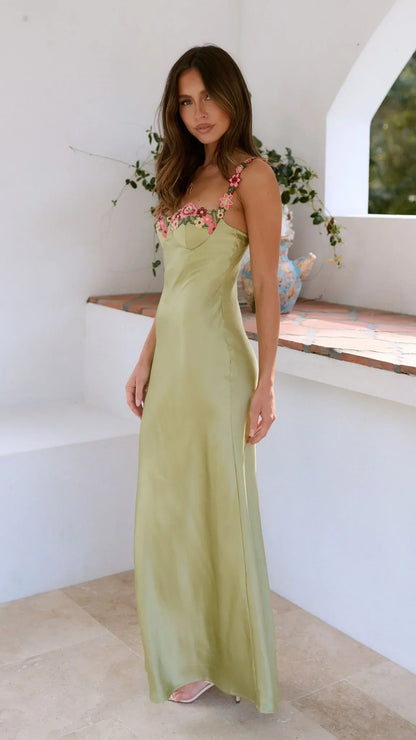 Carmelina | Maxikjole Romantisk Satin Blomstret Broderet Sweetheart Slip