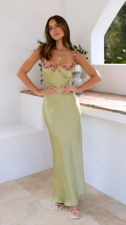 Carmelina | Maxikjole Romantisk Satin Blomstret Broderet Sweetheart Slip