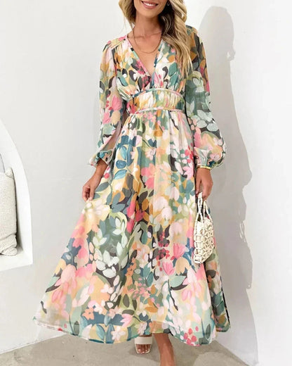 Brenta | Maxikjole Boho Chiffon Blomstret V-udskæring Lange Ærmer Forår