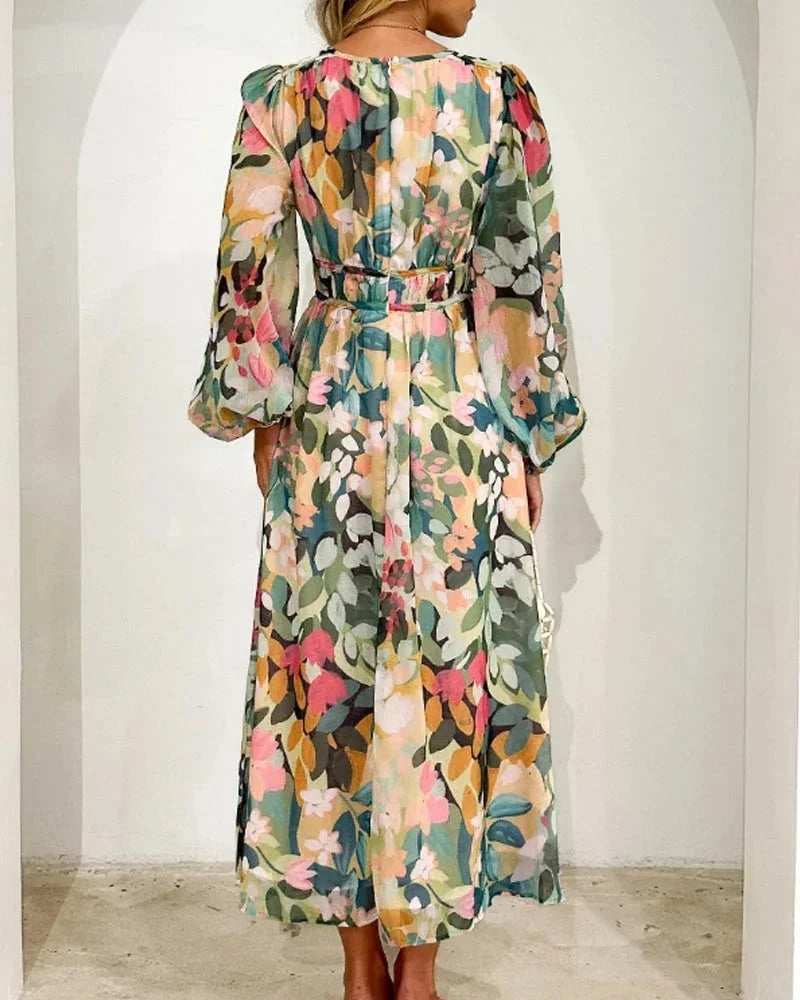 Brenta | Maxikjole Boho Chiffon Blomstret V-udskæring Lange Ærmer Forår