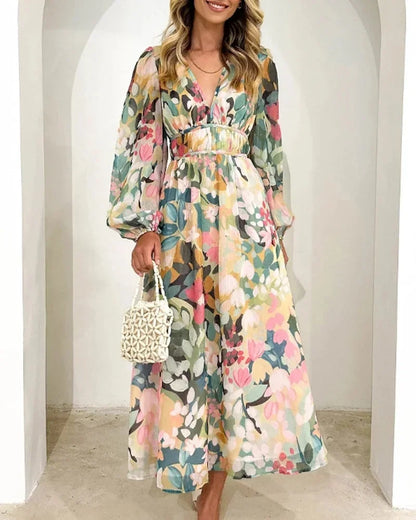 Brenta | Maxikjole Boho Chiffon Blomstret V-udskæring Lange Ærmer Forår
