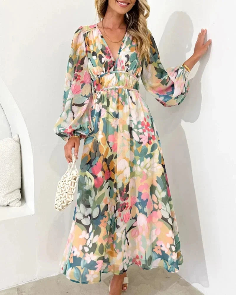 Brenta | Maxikjole Boho Chiffon Blomstret V-udskæring Lange Ærmer Forår