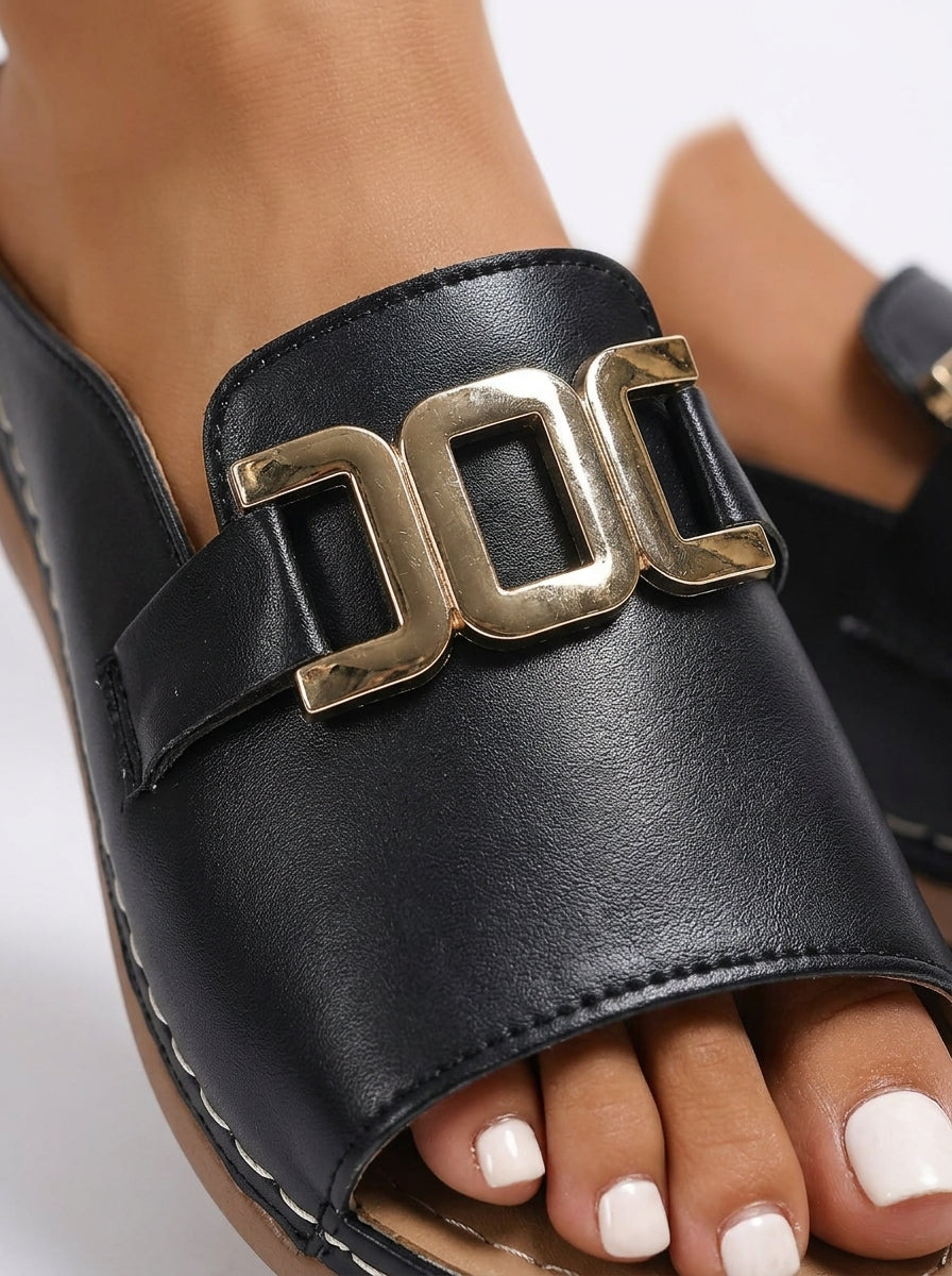 Women's Slide Sandals Black - buckle detail