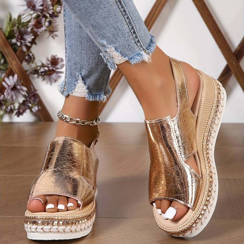 Damesandaler med plateau-kile – Justerbar slingback og åben tå